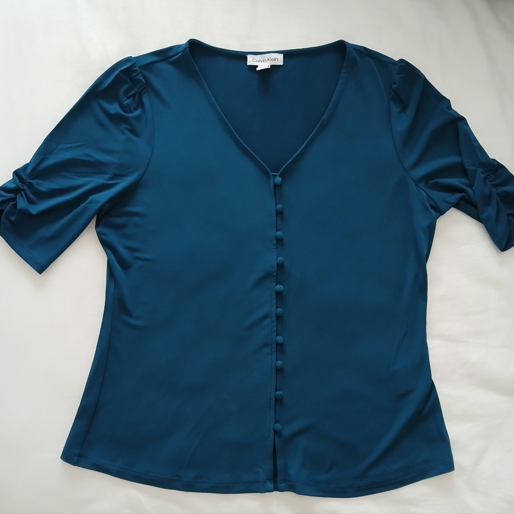 Calvin Klein Teal V-Neck Blouse